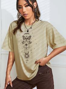 SHEIN EZwear Áo thun nữ Con số Loại bướm Giải trí - Màu Khaki - Xem 3