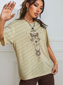 SHEIN EZwear Áo thun nữ Con số Loại bướm Giải trí - Màu Khaki - Xem 4