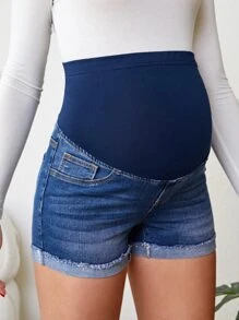 SHEIN Maternity Wideband Waist Roll Up Hem Denim Shorts
