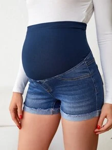SHEIN Maternity Wideband Waist Roll Up Hem Denim Shorts