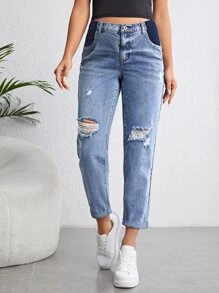 SHEIN 孕妇高腰破洞牛仔裤 妈妈牛仔裤