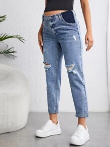 SHEIN 孕妇高腰破洞牛仔裤 妈妈牛仔裤