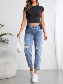 SHEIN 孕妇高腰破洞牛仔裤 妈妈牛仔裤