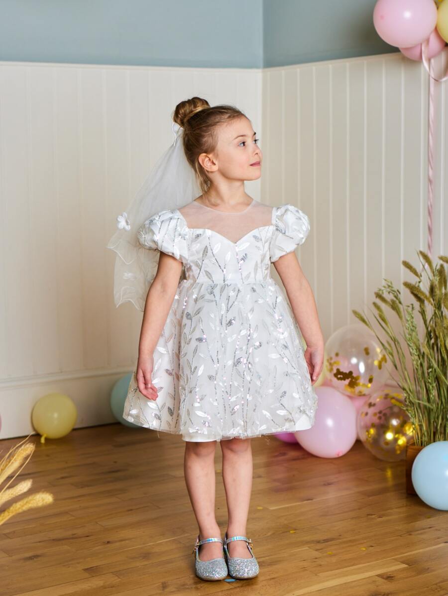 Cô Gái Trẻ Tương phản Sequin Lớp phủ lưới Ống tay áo Đầm Party Không có mạng che mặt - trắng - Xem 1