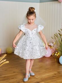 Cô Gái Trẻ Tương phản Sequin Lớp phủ lưới Ống tay áo Đầm Party Không có mạng che mặt - trắng - Xem 4