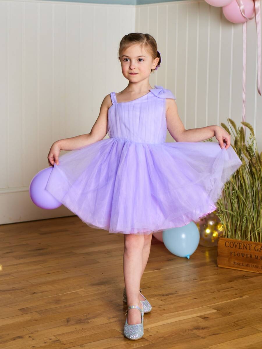 年輕女孩們不對稱領肩部蝴蝶結網紗覆蓋派對禮服 - 紫色 - 查看 1