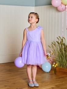 年輕女孩們不對稱領肩部蝴蝶結網紗覆蓋派對禮服 - 紫色 - 查看 3