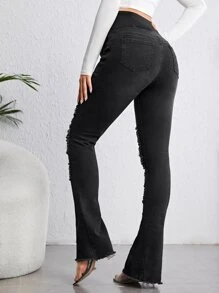 SHEIN Maternity Adjustable Waist Ripped Frayed Flare Leg Jeans - Black - View 2