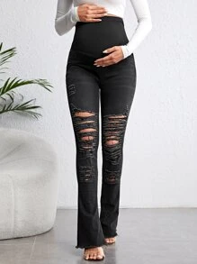 SHEIN Maternity Adjustable Waist Ripped Frayed Flare Leg Jeans - Black - View 6