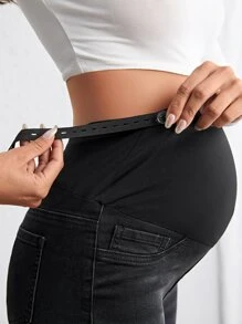 SHEIN Maternity Adjustable Waist Ripped Frayed Flare Leg Jeans - Black - View 7