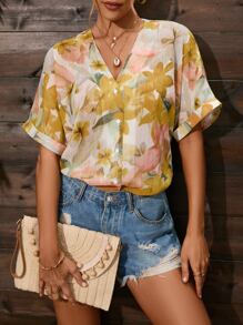 SHEIN Clasi Floral Print Batwing Sleeve Blouse - Multicolor - View 3