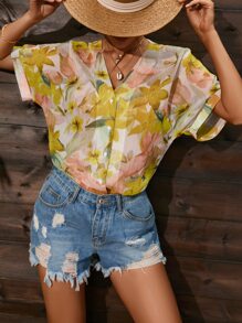 SHEIN Clasi Floral Print Batwing Sleeve Blouse - Multicolor - View 4