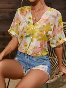 SHEIN Clasi Floral Print Batwing Sleeve Blouse - Multicolor - View 5