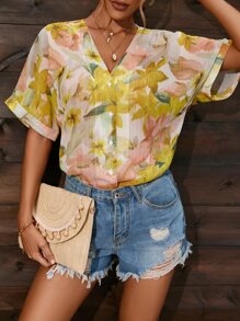 SHEIN Clasi Floral Print Batwing Sleeve Blouse - Multicolor - View 6