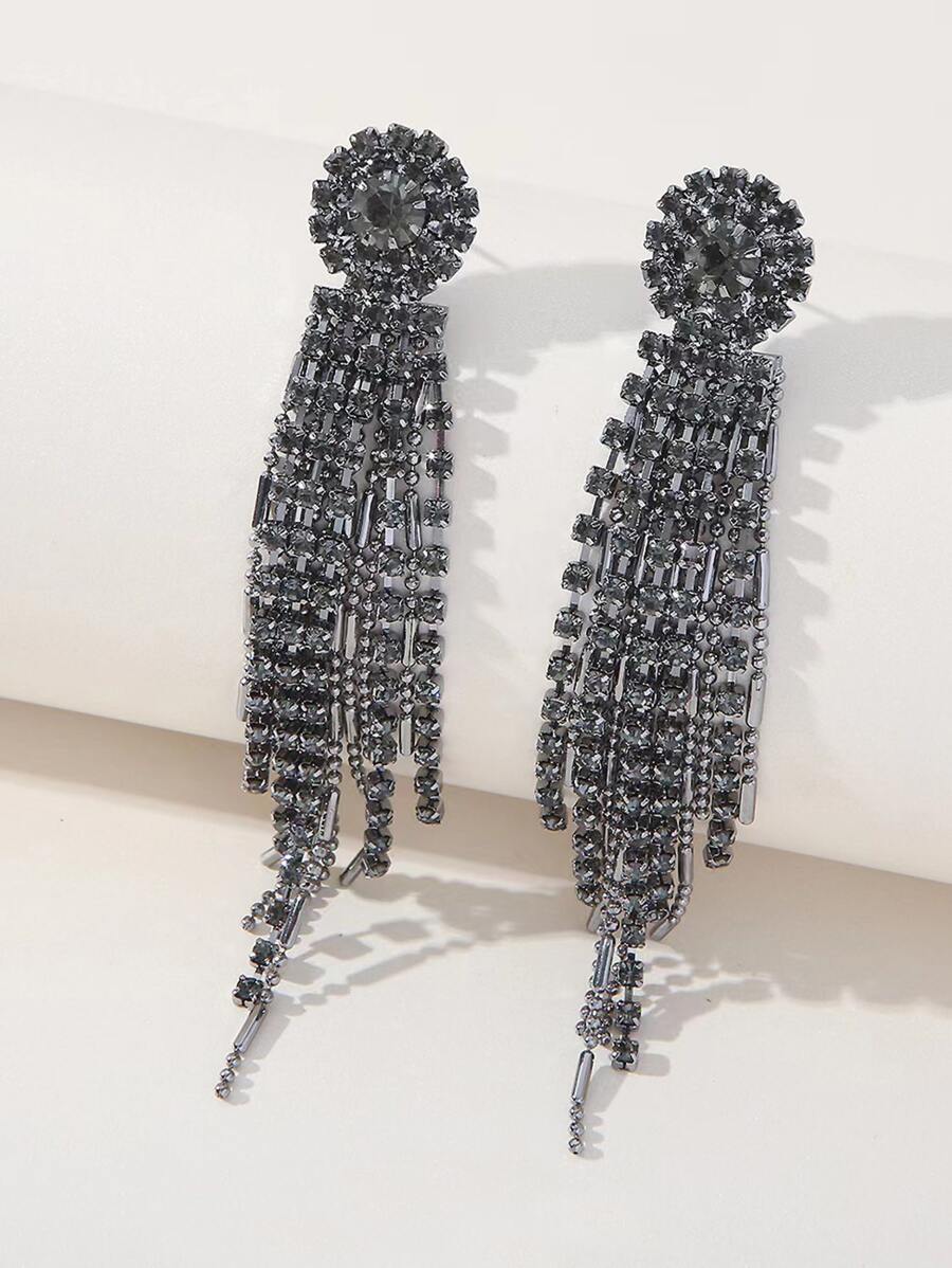Rhinestone Tassel Drop Earrings - Gun Black - View 1