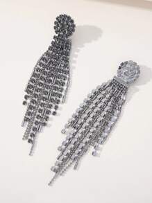 Rhinestone Tassel Drop Earrings - Gun Black - View 2