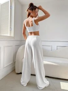 SHEIN EZwear Striped Print Crop Tank Top & Wide Leg Pants - White - View 2