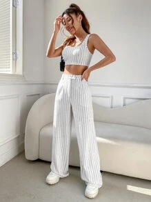 SHEIN EZwear Striped Print Crop Tank Top & Wide Leg Pants - White - View 3
