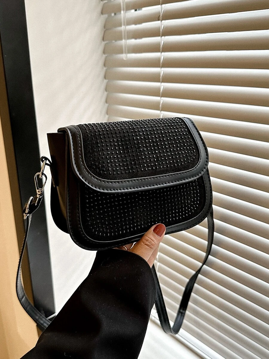 Bolsa cuadrada mini con diseño de diamante de imitación con solapa - Negro - Ver 1