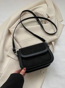 Bolsa cuadrada mini con diseño de diamante de imitación con solapa - Negro - Ver 6