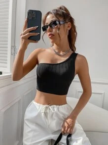 SHEIN EZwear One Shoulder Crop Top - Black - View 5