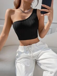 SHEIN EZwear One Shoulder Crop Top - Black - View 6