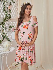 DEARCASE Váy Bà bầu Bất đối xứng Cắt ra Hoa Giải trí - Hồng - Xem 3