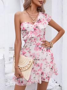 GENKIRA Floral Print One Shoulder Ruffle Trim Dress - Multicolor - View 5