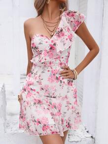 GENKIRA Floral Print One Shoulder Ruffle Trim Dress - Multicolor - View 6