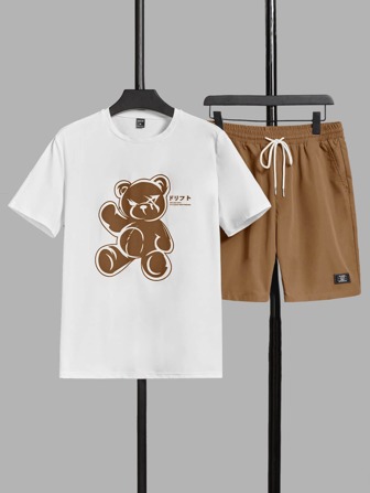 Guys Bear & Letter Graphic Tee & Drawstring Waist Shorts