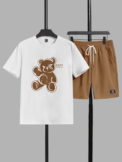 Guys Bear & Letter Graphic Tee & Drawstring Waist Shorts