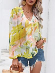GENKIRA Floral Print Lantern Sleeve Blouse - Multicolor - View 6