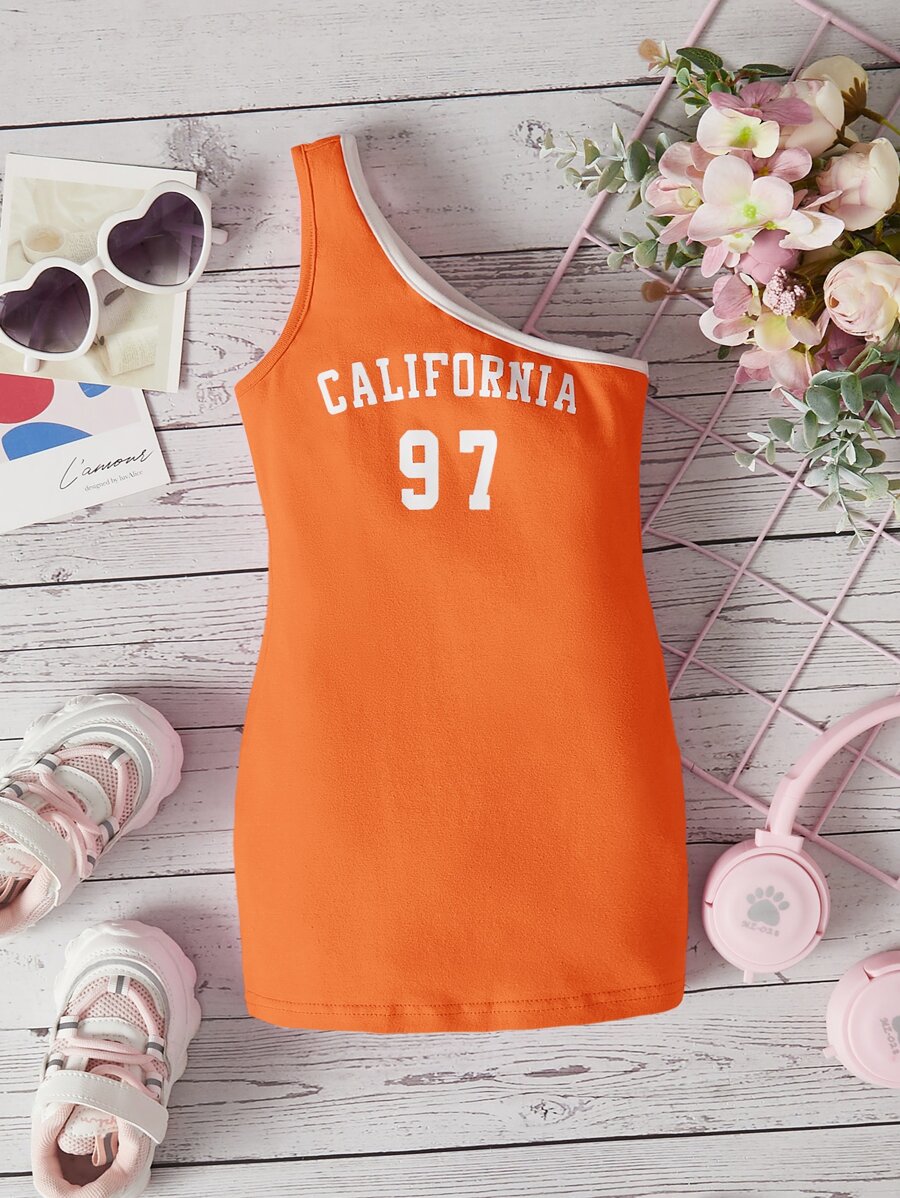 SHEIN Leap Crew Baby Girl Letter Graphic Contrast Binding One Shoulder Dress - Orange - View 1