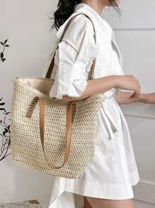 Minimalist Large Capacity Straw Bag,Perfect For Summer Beach Travel Vacation,Large Capacity Beach Bag,Perfect For Summer Beach Travel Vacation,Summer Essentials,Perfect For Vacation & Holiday,School Bag,Large Capacity,Portable,Classic Casual,For Teen Girls Women College Students,White-Collar Workers,Perfect For Work, Back To School,Middle School,High School,College,Vacation,Beach, Vacation Bag For Summer