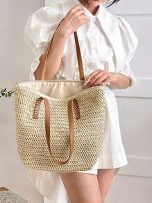 Minimalist Large Capacity Straw Bag,Perfect For Summer Beach Travel Vacation,Large Capacity Beach Bag,Perfect For Summer Beach Travel Vacation,Summer Essentials,Perfect For Vacation & Holiday,School Bag,Large Capacity,Portable,Classic Casual,For Teen Girls Women College Students,White-Collar Workers,Perfect For Work, Back To School,Middle School,High School,College,Vacation,Beach, Vacation Bag For Summer