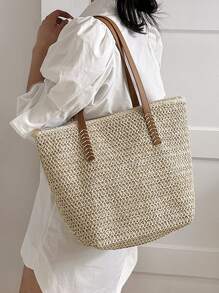 Minimalist Large Capacity Straw Bag,Perfect For Summer Beach Travel Vacation,Large Capacity Beach Bag,Perfect For Summer Beach Travel Vacation,Summer Essentials,Perfect For Vacation & Holiday,School Bag,Large Capacity,Portable,Classic Casual,For Teen Girls Women College Students,White-Collar Workers,Perfect For Work, Back To School,Middle School,High School,College,Vacation,Beach, Vacation Bag For Summer