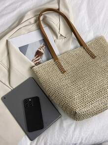 Minimalist Large Capacity Straw Bag,Perfect For Summer Beach Travel Vacation,Large Capacity Beach Bag,Perfect For Summer Beach Travel Vacation,Summer Essentials,Perfect For Vacation & Holiday,School Bag,Large Capacity,Portable,Classic Casual,For Teen Girls Women College Students,White-Collar Workers,Perfect For Work, Back To School,Middle School,High School,College,Vacation,Beach, Vacation Bag For Summer