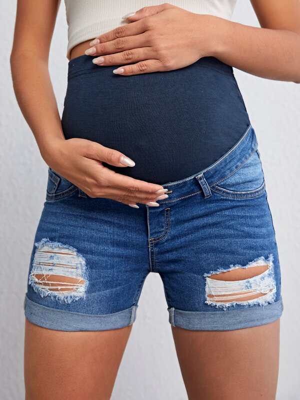 SHEIN Maternity Wideband Waist Ripped Roll Up Hem Denim Shorts SHEIN USA