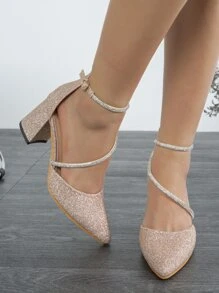 Fall/Winter 2025 Women Rhinestone Decor Pumps, Glitter Point Toe Chunky Heeled Glamorous Ankle Strap Pumps For Outdoor,Elegant,Elegant,Party Outfits - Champagne - View 3