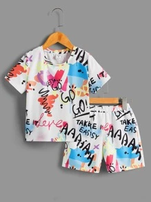 SHEIN Bộ thời trang bé trai Lá thư Giải trí - Nhiều màu - Xem 1