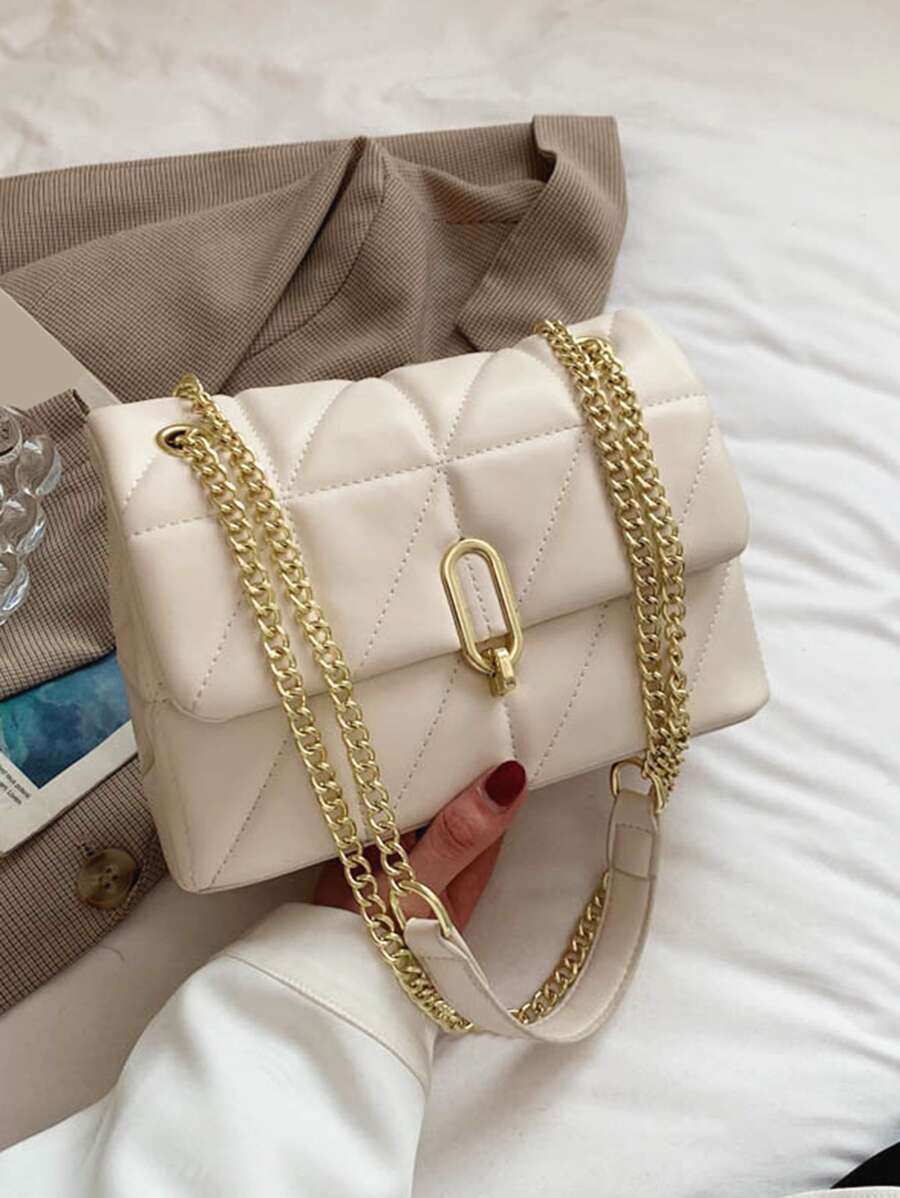 衍縫鏈條帶翻蓋方包 - 米色 - 查看 1