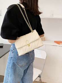 衍縫鏈條帶翻蓋方包 - 米色 - 查看 5