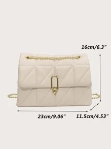 衍縫鏈條帶翻蓋方包 - 米色 - 查看 8