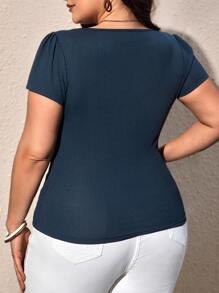 SHEIN Clasi Áo thun Plus size Gân đan Nút phía trước màu trơn Giải trí - Màu xanh hải quân - Xem 3