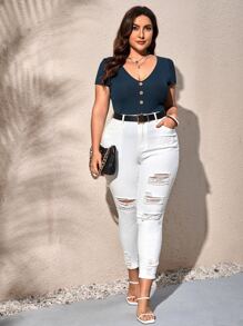 SHEIN Clasi Áo thun Plus size Gân đan Nút phía trước màu trơn Giải trí - Màu xanh hải quân - Xem 4