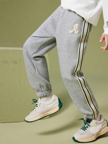 Boys Letter Patched Contrast Tape Side Joggers - Grey - View 1
