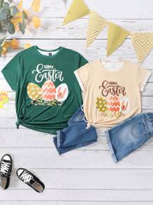 SHEIN LUNE Plus Easter Egg & Slogan Graphic Tee - Dark Green - View 4