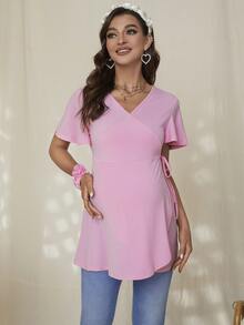 DEARCASE Maternity Butterfly Sleeve Knot Side Tee - Pink - View 3