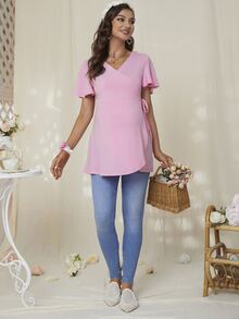 DEARCASE Maternity Butterfly Sleeve Knot Side Tee - Pink - View 4