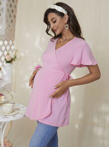 DEARCASE Maternity Butterfly Sleeve Knot Side Tee - Pink - View 1